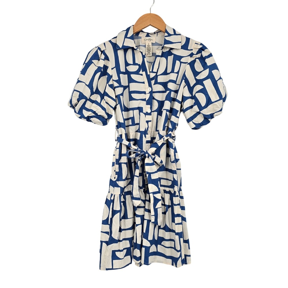 Jessica Simpson Blue White Geometric Abstract Puff Sleeve Belted Mini Dress S